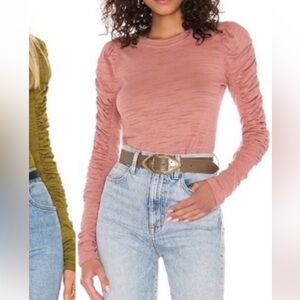 We The Free/Free People Natasha Ruched Sleeve Slub Knit Top in Dusty Rose Sz Lg